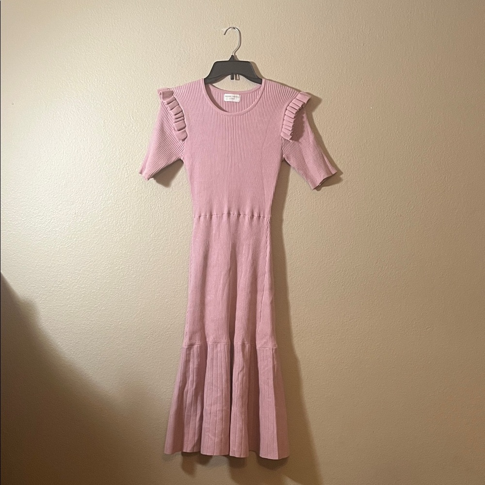 Rachel Parcell Blush Midi Ribbed Sweater Dress with Ruffle Detail XS